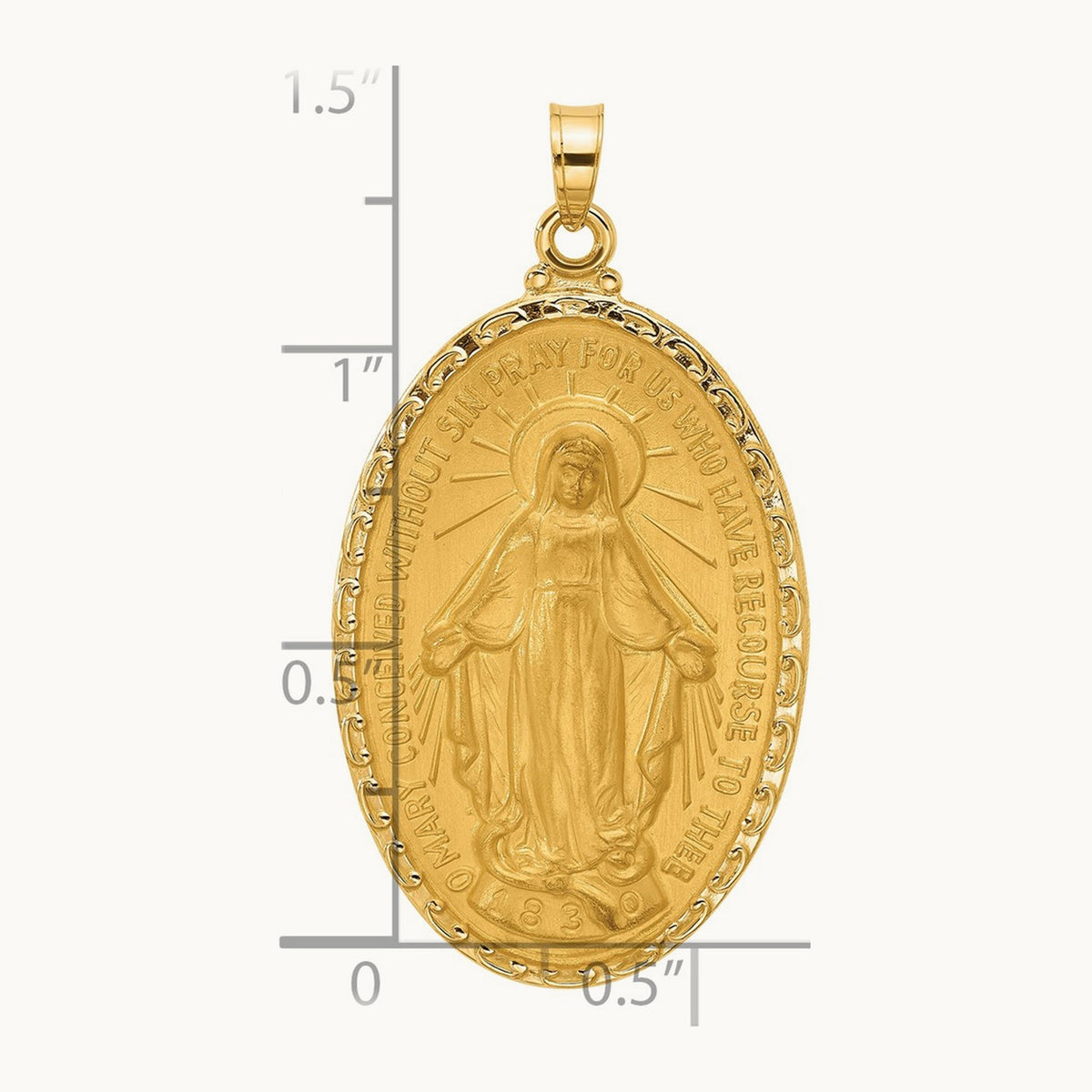 Satin and Polished Miraculous Medal Solid Oval Pendant — 37.7mm