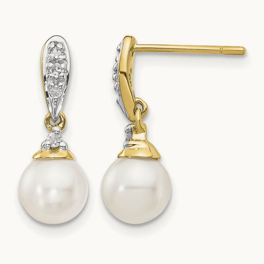 6- White Round FWC Pearl .08ct Diamond Dangle Earrings, 7mm, 14K