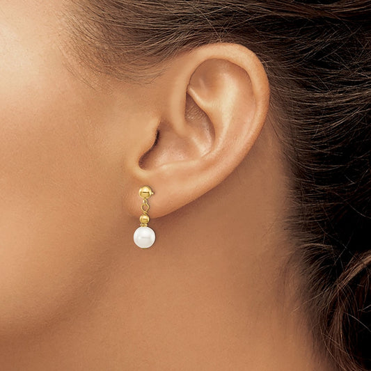 7- Semi-round Freshwater Cultured Pearl Post Dangle Earrings — 14K Yellow Gold