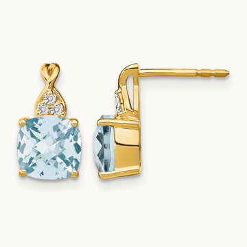 Checkerboard Aquamarine and Diamond Earrings — 14K Yellow Gold