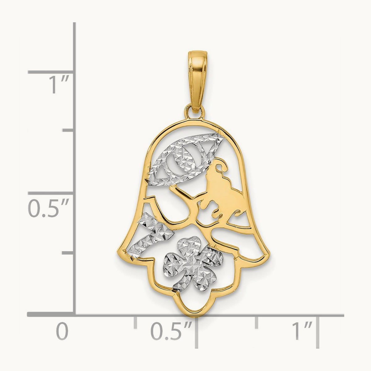 & White Rhodium D/C Good Luck Symbols on Hamsa Pendant, 14K