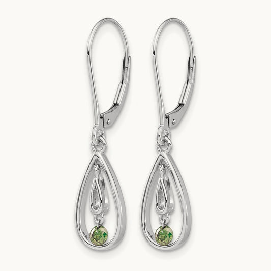 Green Diamond Leverback Earrings, 14K White Gold