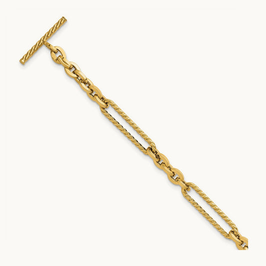 Polished and Textured 7.5in Fancy Link Toggle Bracelet, 14K