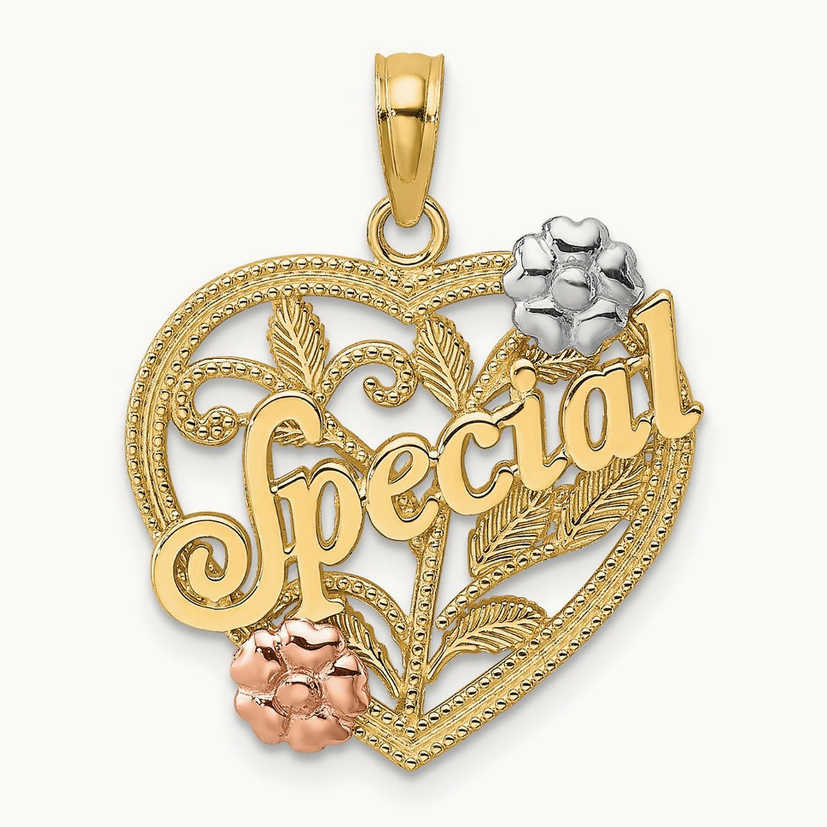 w/ White Rhodium SPECIAL On Heart w/ Flower Charm, 14K Two-tone