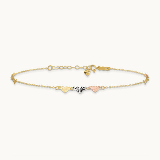 Tri-Color Diamond-cut Hearts 9in Plus 1in ext Anklet, 14K