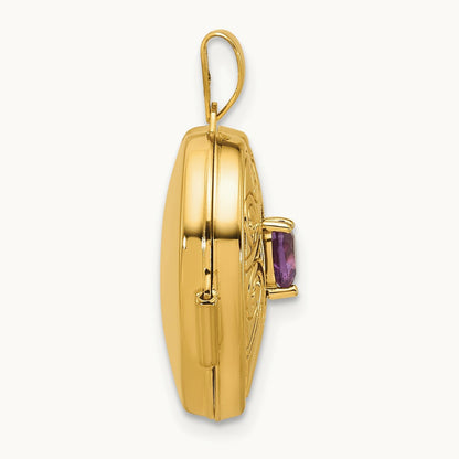 Polished Amethyst February Birthstone Heart Locket, 18mm, 14K
