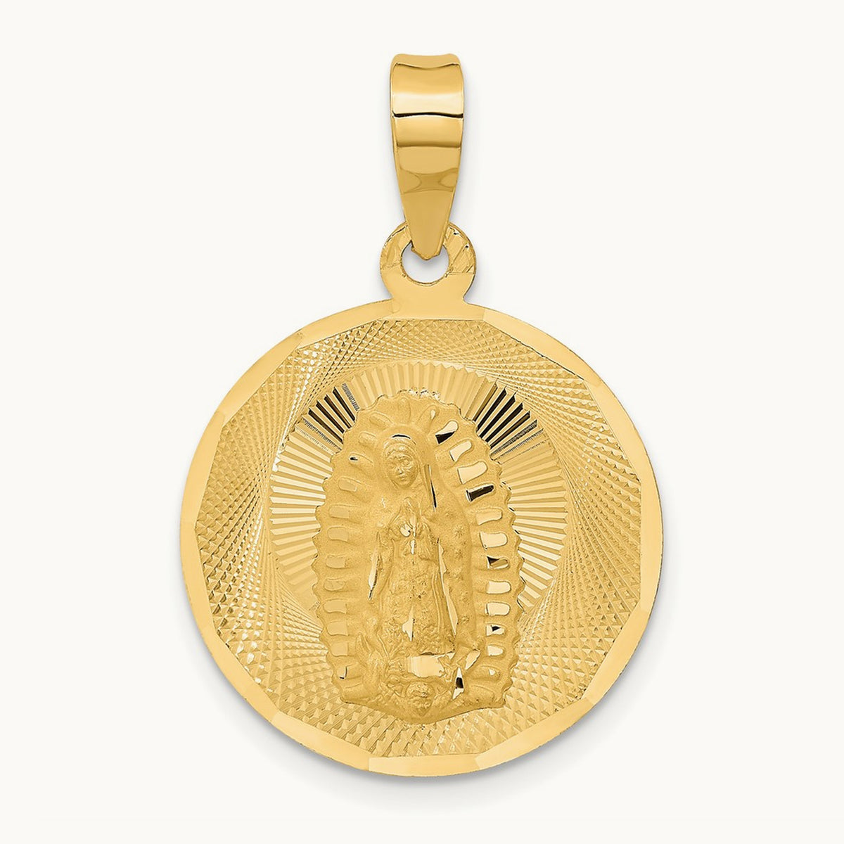 Polished Diamond-cut Lady Of Guadalupe Circle Pendant — 14K Yellow Gold, 28.5mm