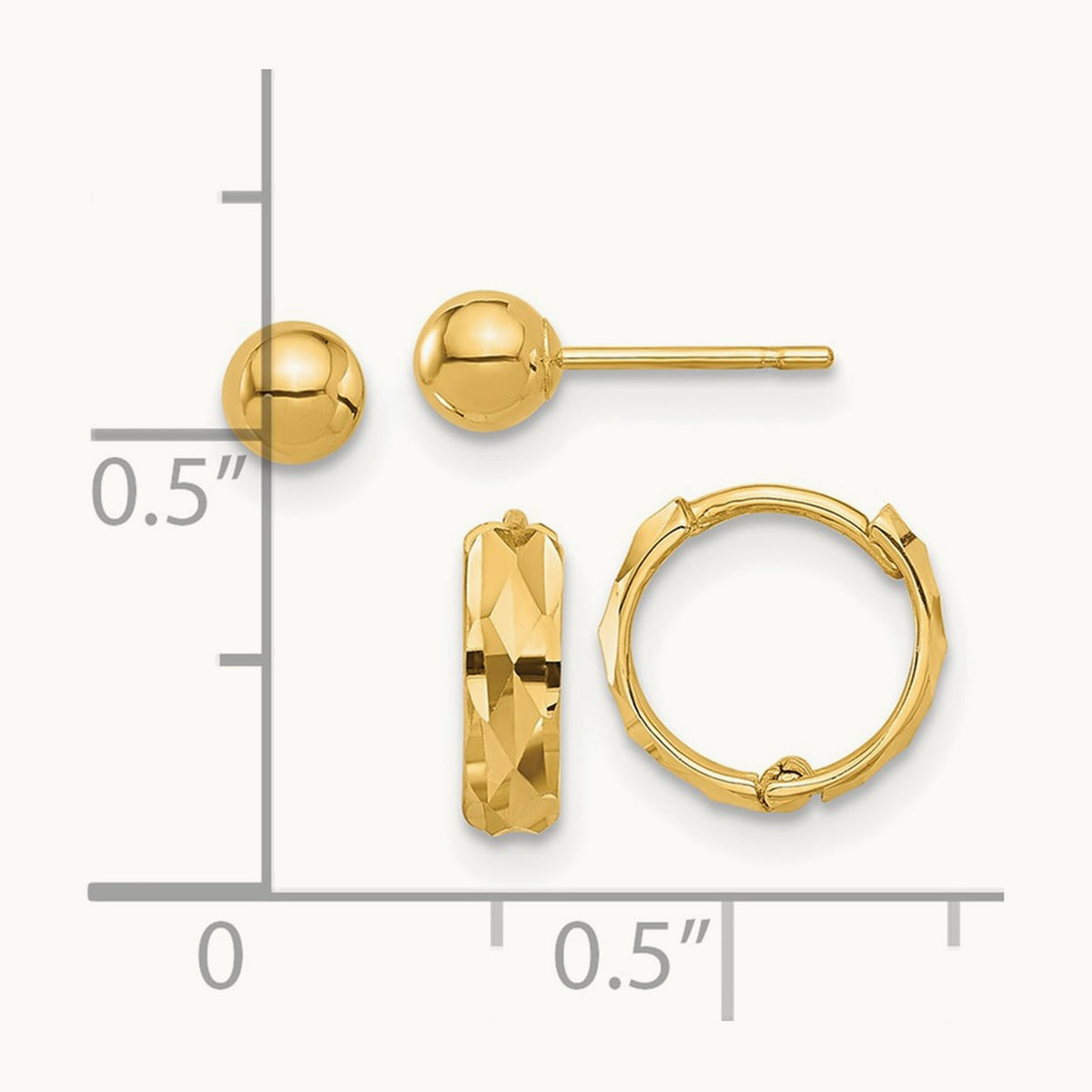 Polished Ball and Diamond Cut Hoop Set, 4mm, 14K