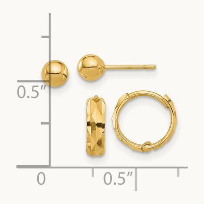 Polished Ball and Diamond Cut Hoop Set, 4mm, 14K