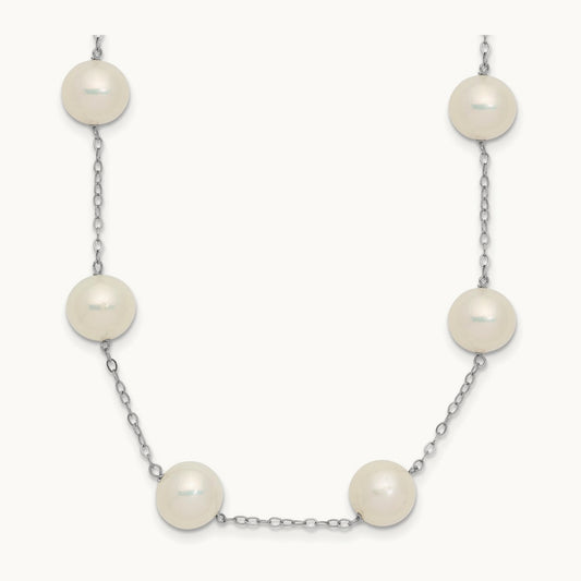 8- White Freshwater Cultured Pearl 14-station Necklace, 9mm, 14K White Gold
