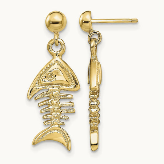 3-D Fishbone Dangle Earrings, 14K