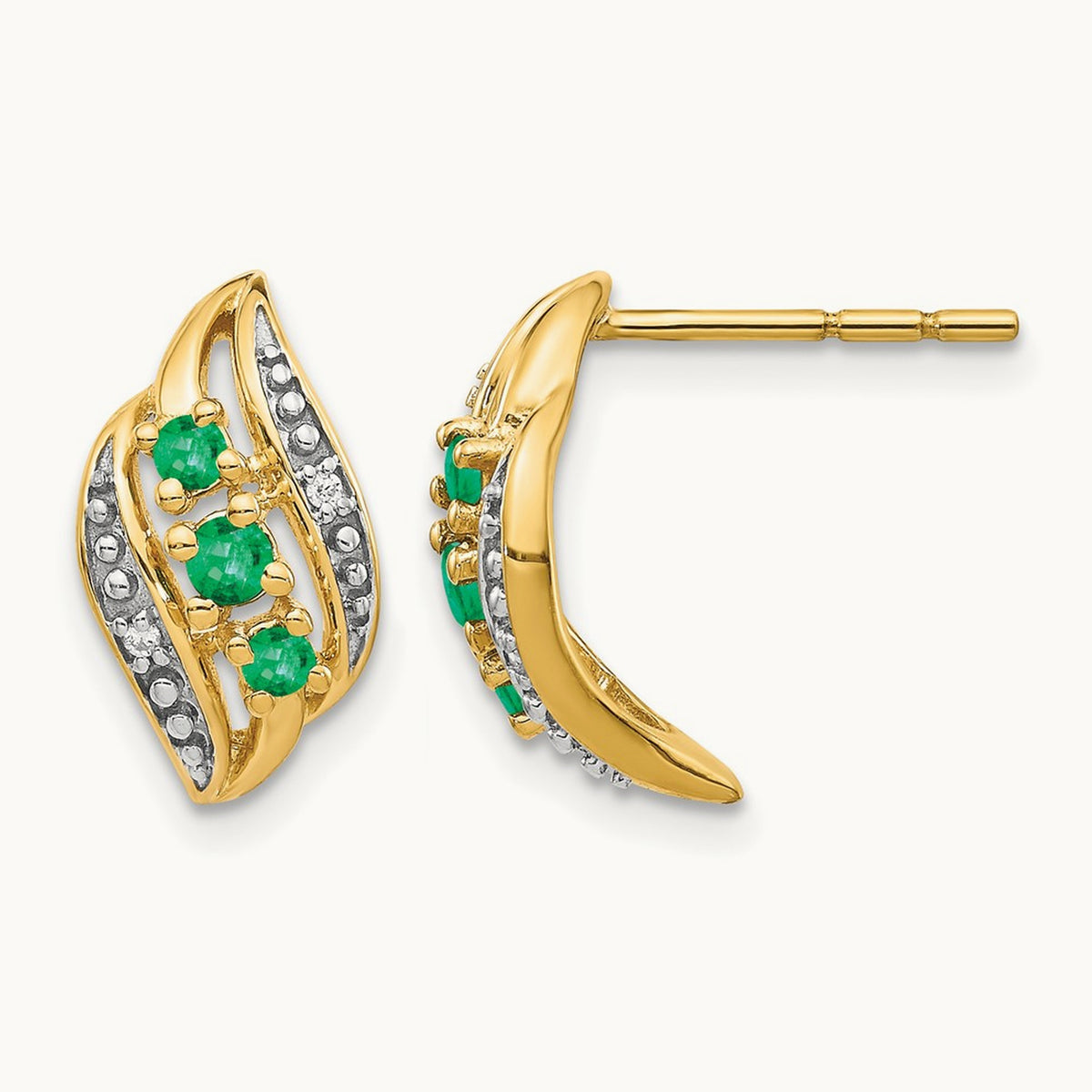 w/ Emerald and Diamond Polished Post Earrings, 14K Gold