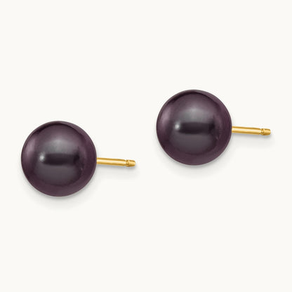 7- Black Round Freshwater Cultured Pearl Stud Post Earrings, 8mm, 14K