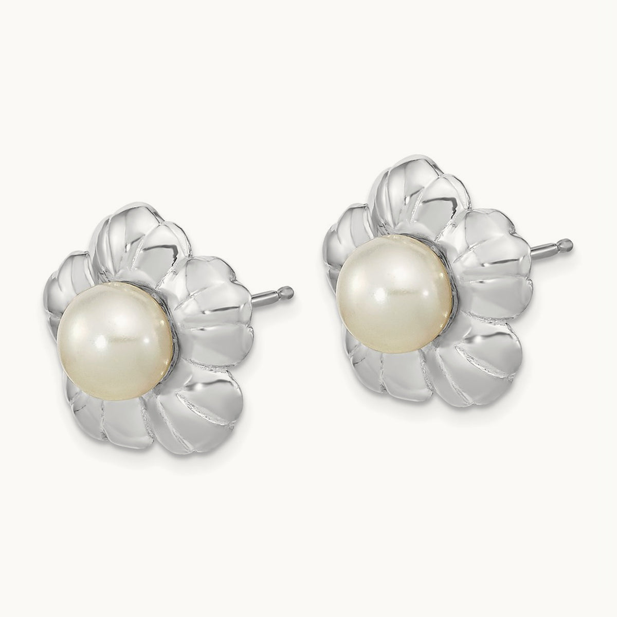 5- White Button FWC Pearl Flower Post Earrings, 6mm, 14K White Gold