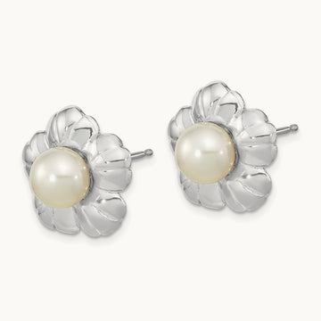 5- White Button FWC Pearl Flower Post Earrings, 6mm, 14K White Gold