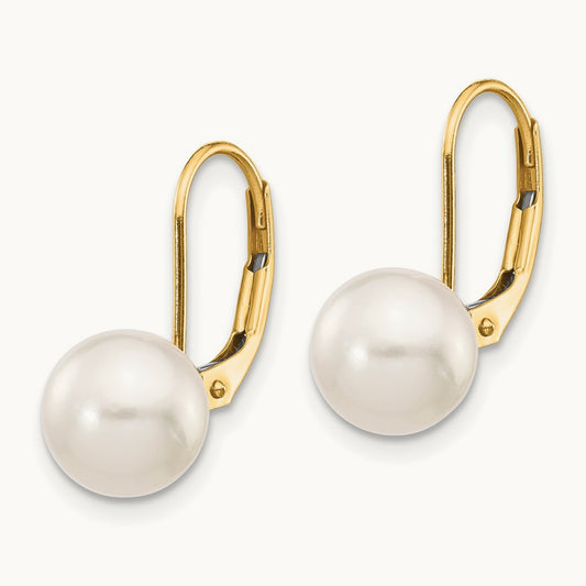 8- White Round Saltwater Akoya Cultured Pearl Leverback Earrings, 9mm, 14K