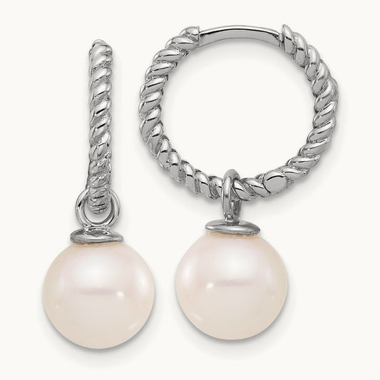 7- Black & White FWC Pearl Dangle Hoop Earrings, 8mm, 14K White Gold