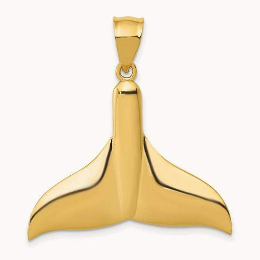 Solid Polished Large Whale Tail Pendant, 14K