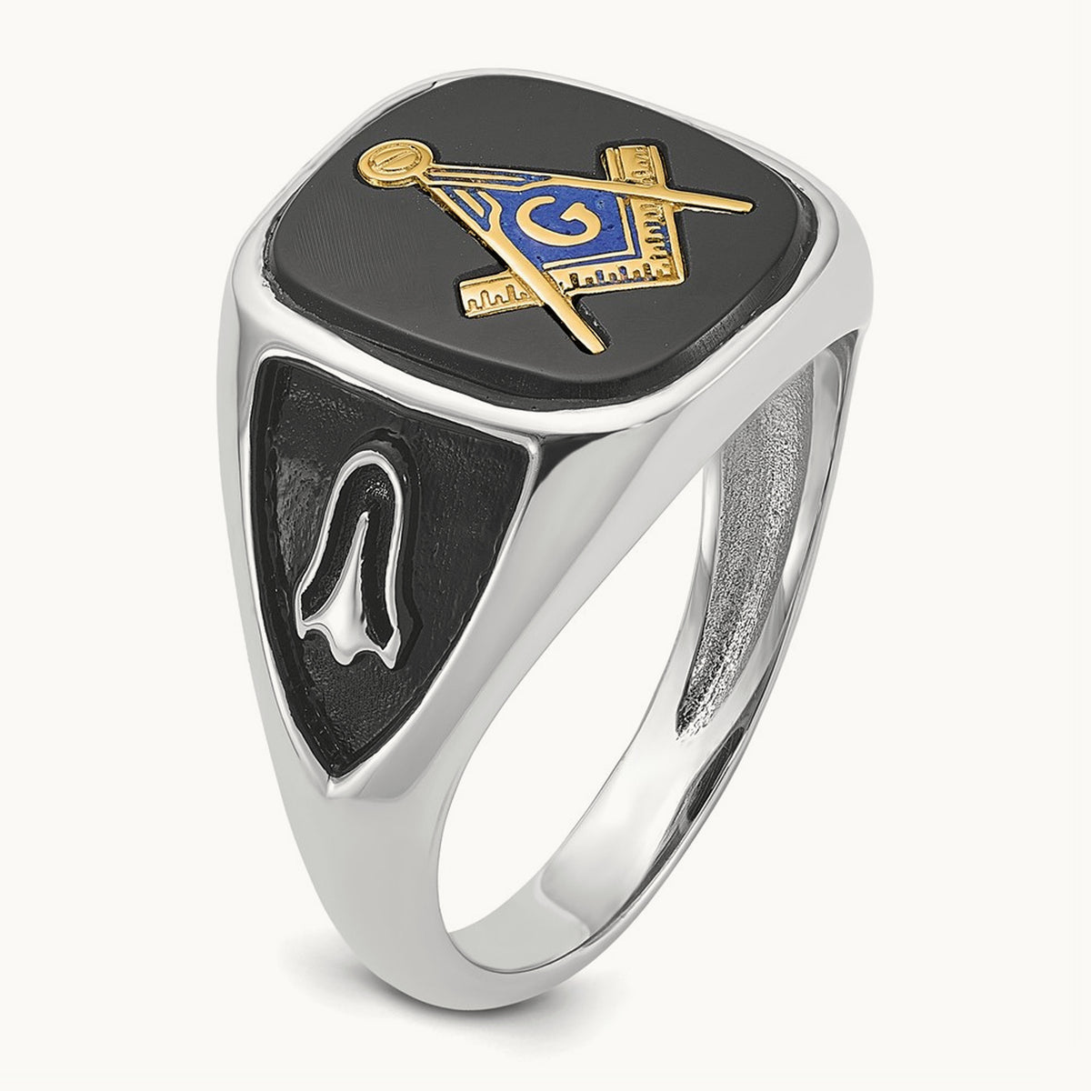 & Gold-plated Men's Textured w/ Black Enamel & Onyx Masonic Ring, 14K White Gold