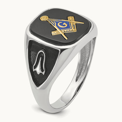 & Gold-plated Men's Textured w/ Black Enamel & Onyx Masonic Ring, 14K White Gold