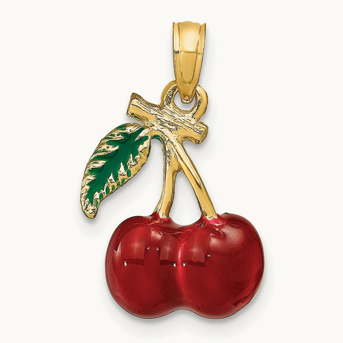 3-D Enamel Cherries W/ Leaf Charm, 14K