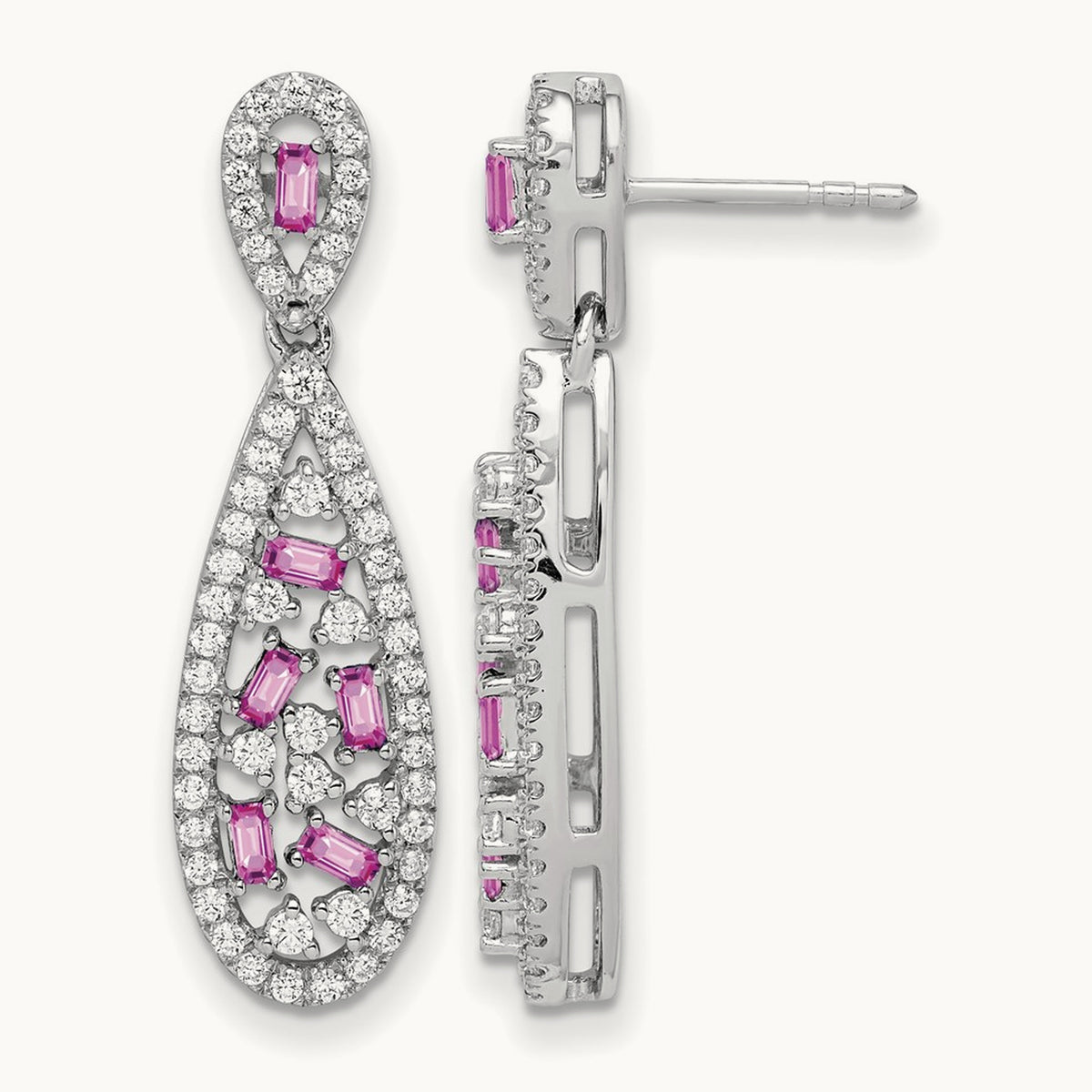 Created Pink Sapphire Dangle Teardrop Earrings, 1.00 ct tw Lab-Grown Diamond