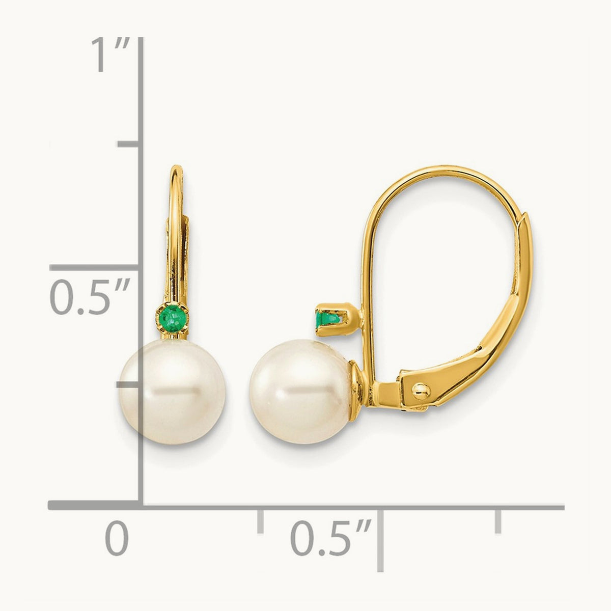 5- White Round FW Cultured Pearl Emerald Leverback Earrings, 5.5mm, 14K