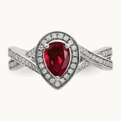 Pear Created Ruby and Diamond Halo Ring, 14K White Gold