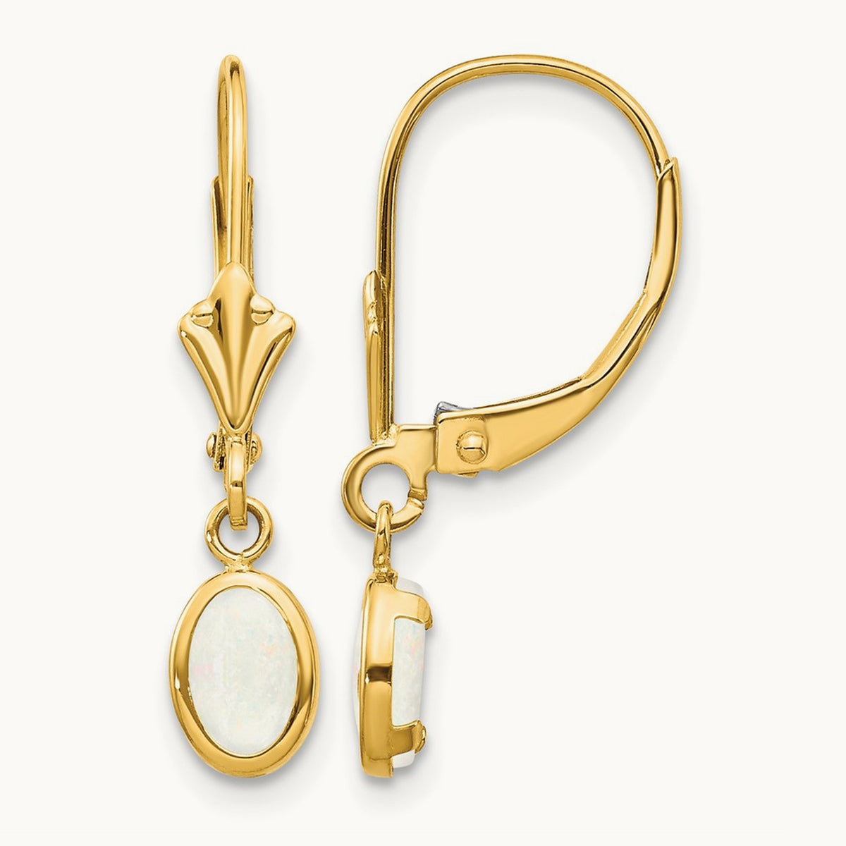 6x4 Oval Bezel October/Opal Leverback Earrings — 14K Yellow Gold