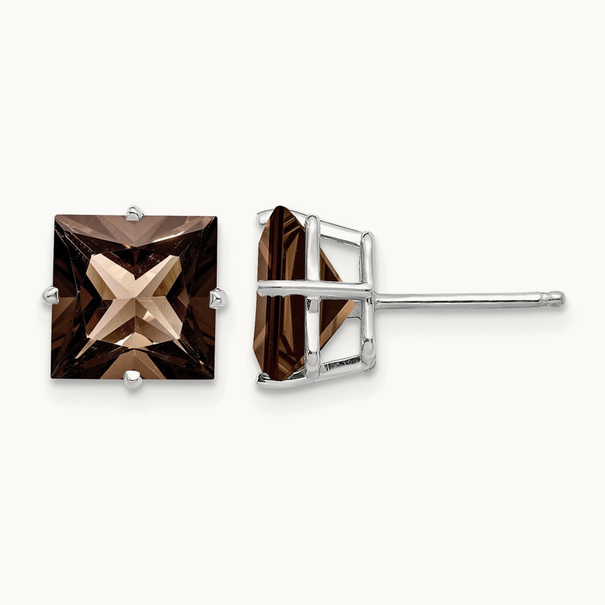Princess 4-Prong Smoky Quartz Earrings, 8.0mm, 14K White Gold
