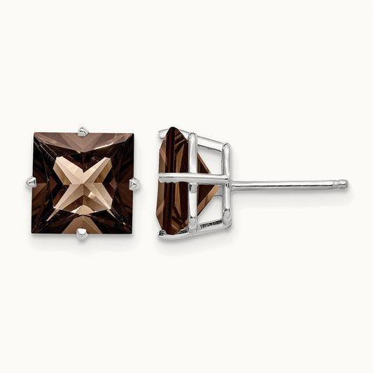 Princess 4-Prong Smoky Quartz Earrings, 8.0mm, 14K White Gold