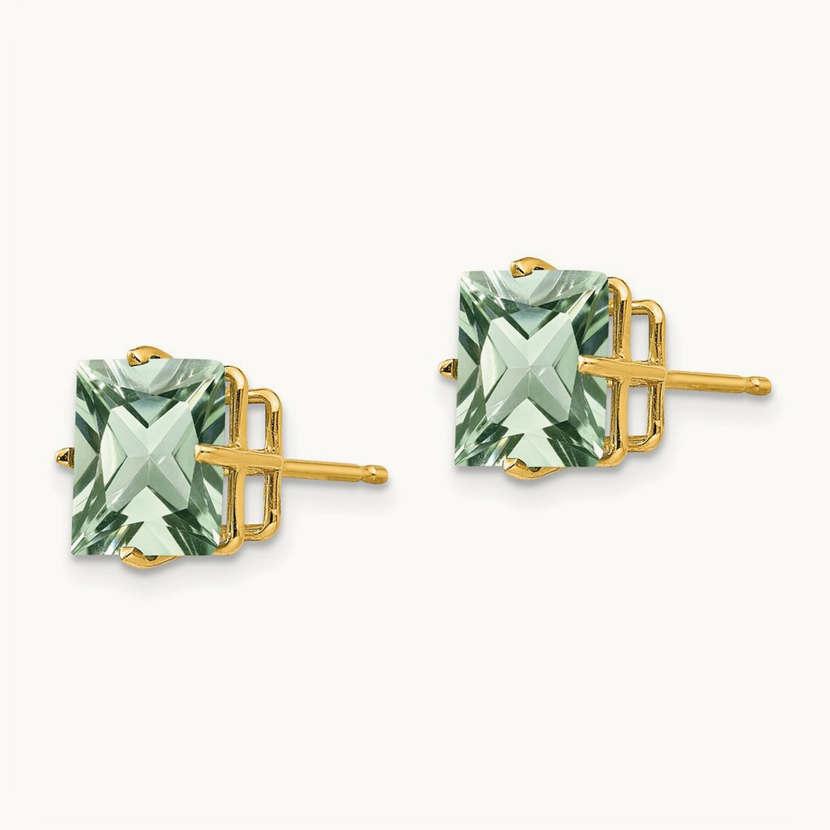 Square Green Quartz Earrings, 8mm, 14K