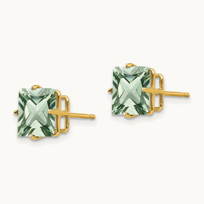 Square Green Quartz Earrings, 8mm, 14K