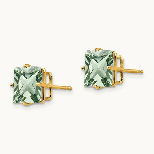 Square Green Quartz Earrings, 8mm, 14K