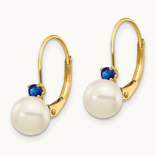 6- White Round FW Cultured Pearl Sapphire Leverback Earrings, 6.5mm, 14K