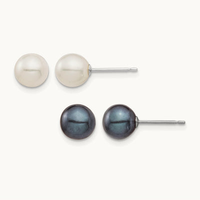 6- Round White and Black FWC Pearl 2 Earrings Set, 7mm, 14K White Gold