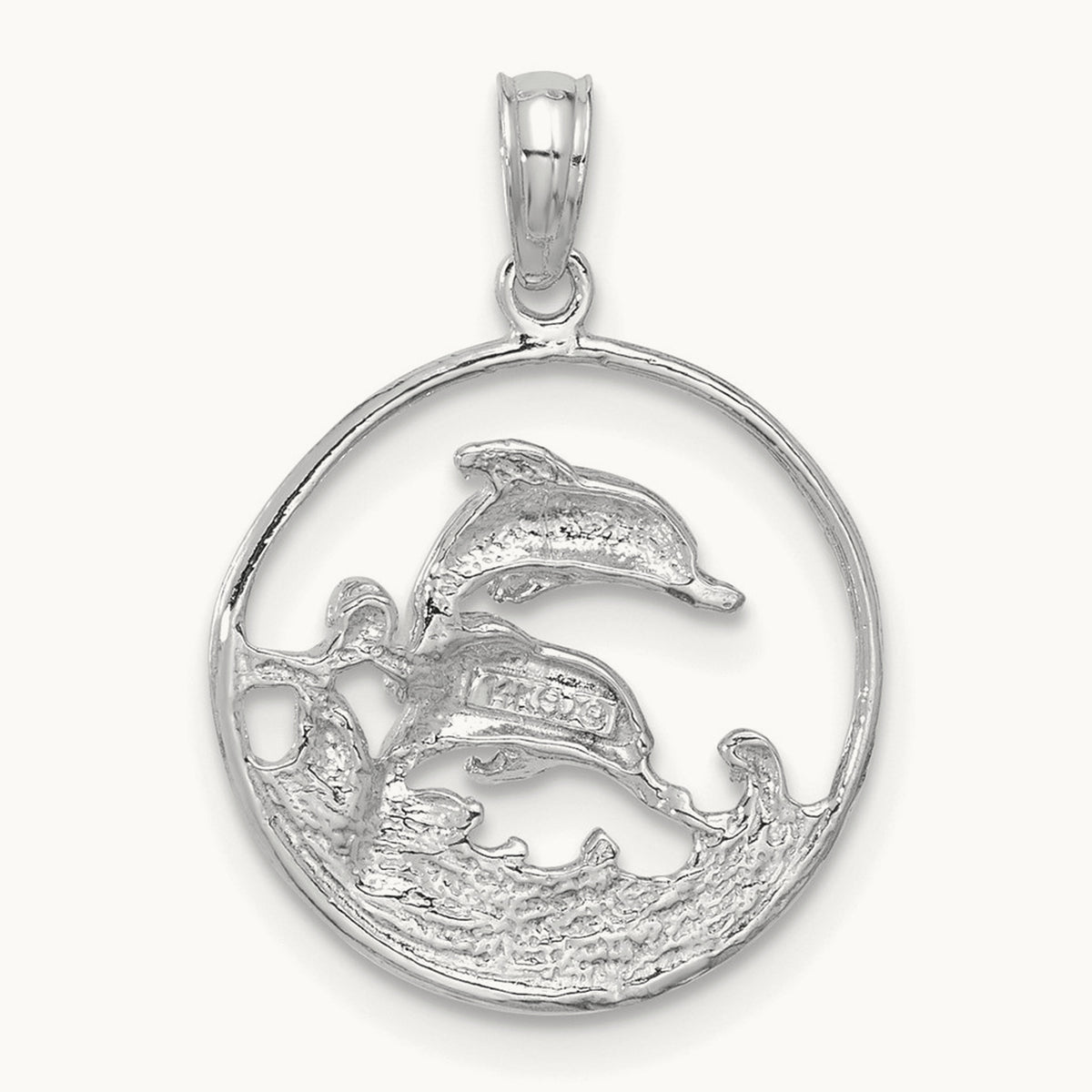 Double Dolphin Circle Pendant — 14K White Gold