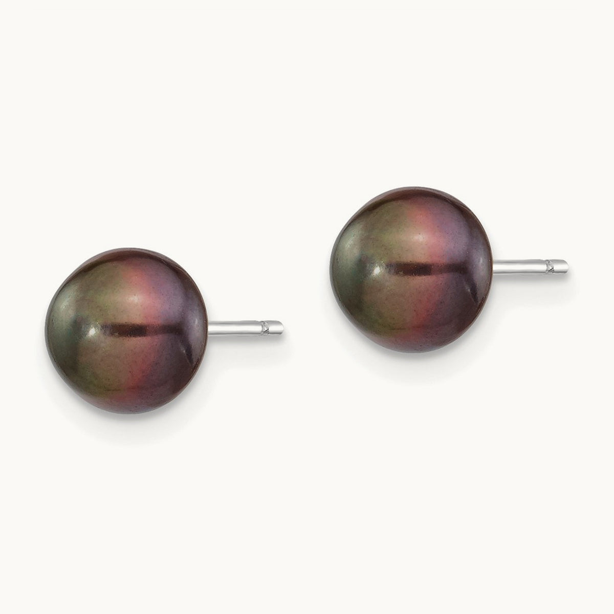 Black Button Freshwater Cultured Pearl Stud Post Earrings — 14K White Gold