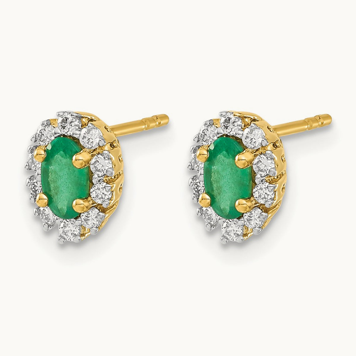 Diamond and Emerald Oval Halo Earrings — 14K Yellow Gold