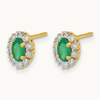 Diamond and Emerald Oval Halo Earrings — 14K Yellow Gold