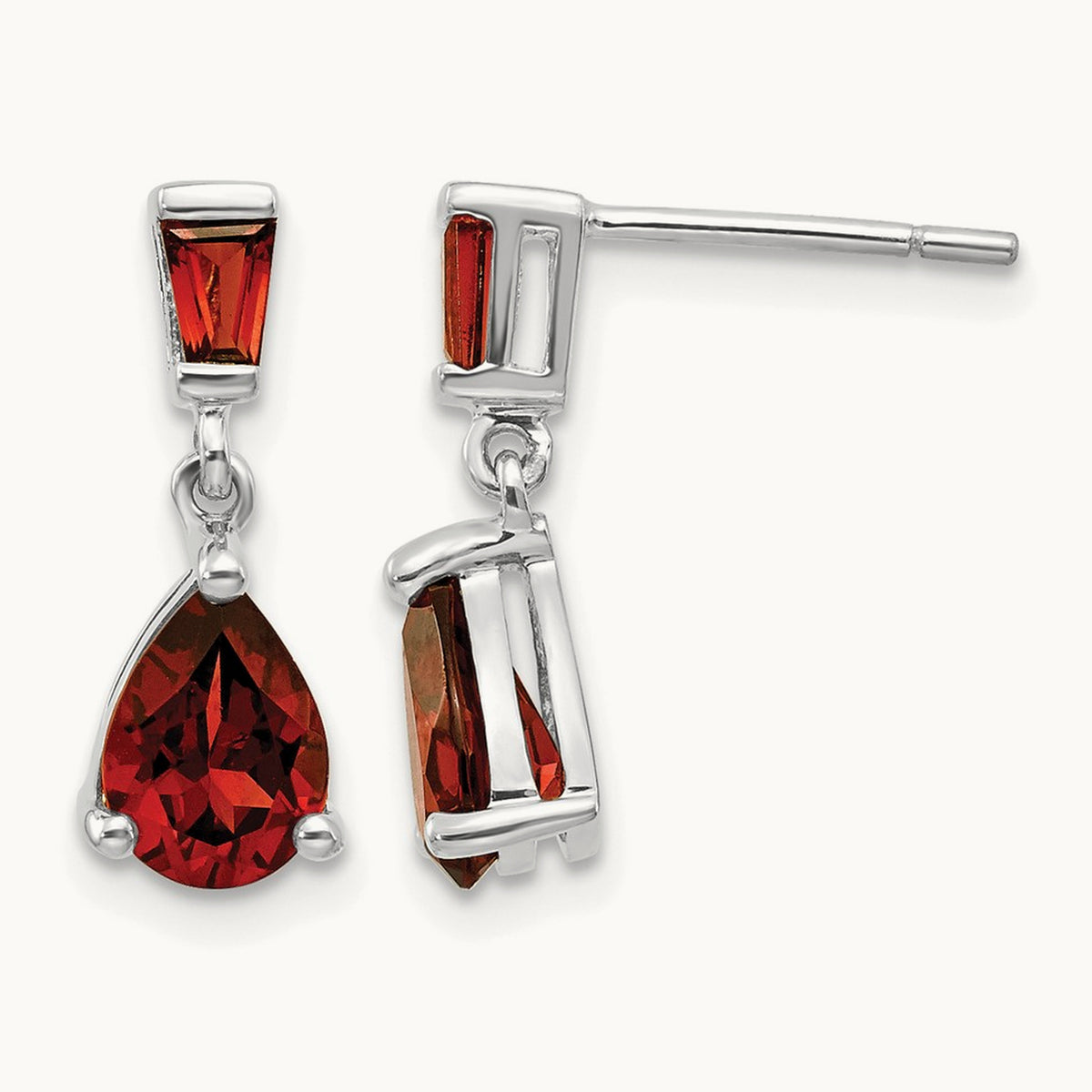 Garnet Dangle Post Earrings — 14K White Gold