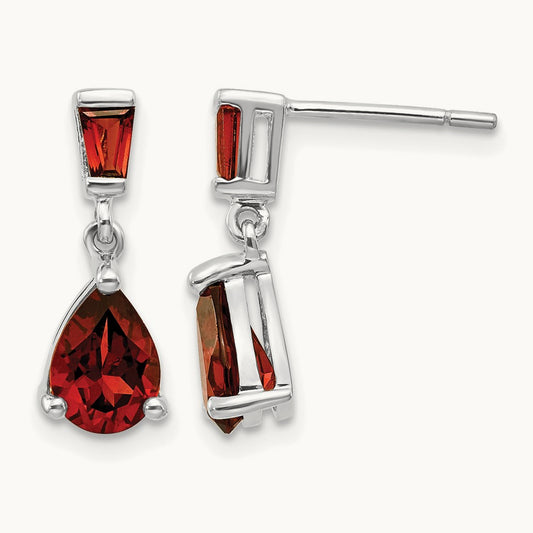 Garnet Dangle Post Earrings — 14K White Gold