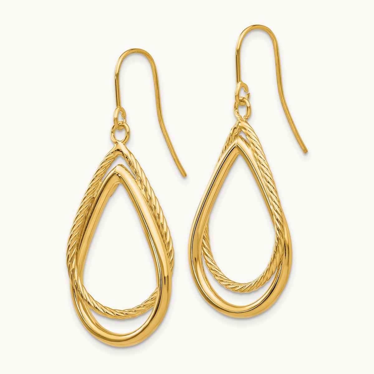 Polished and Textured Teardrop Shepherd Hook Earrings — 14K Yellow Gold