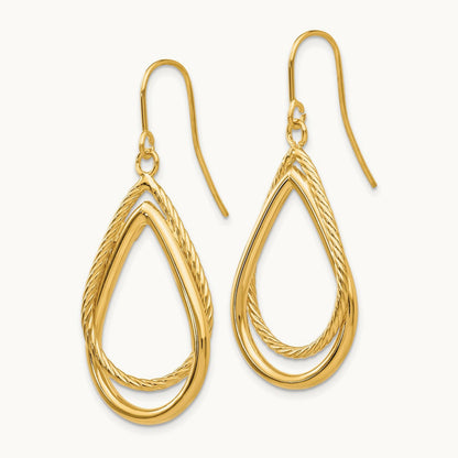 Polished and Textured Teardrop Shepherd Hook Earrings — 14K Yellow Gold