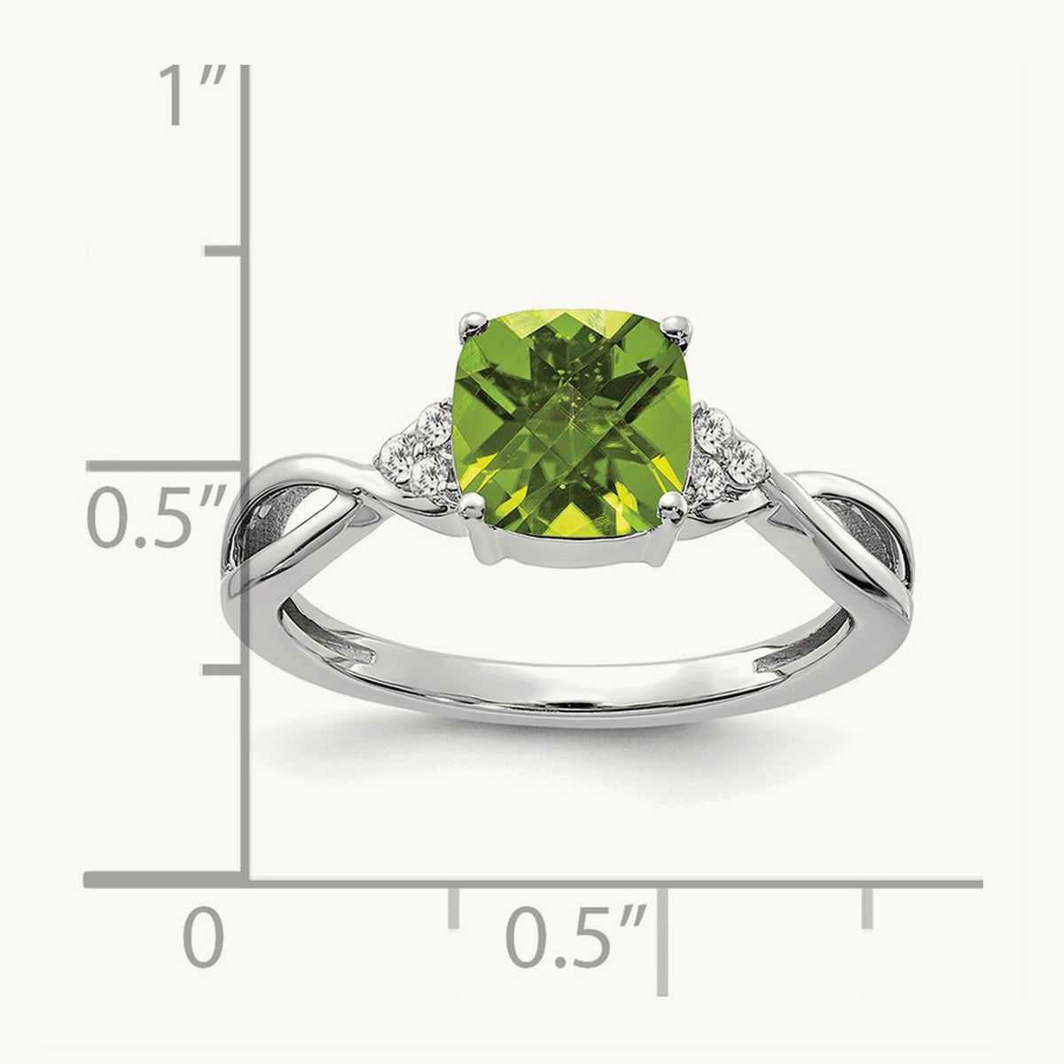 Checkerboard Peridot and Diamond Ring — 14K White Gold, 7