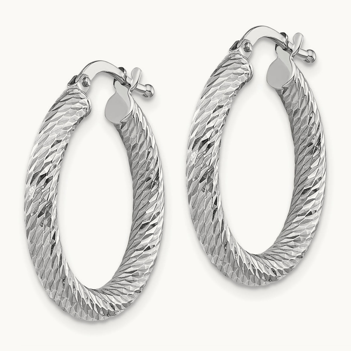 Polished Diamond-cut Round Hoop Earrings — 14K White Gold