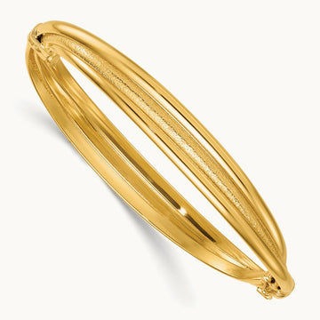 Polished and Textured Twisted Hinged Bangle, 14K