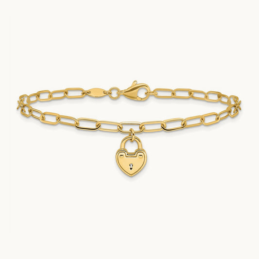 Polished Heart Lock Charm Paperclip Link Bracelet, 14K
