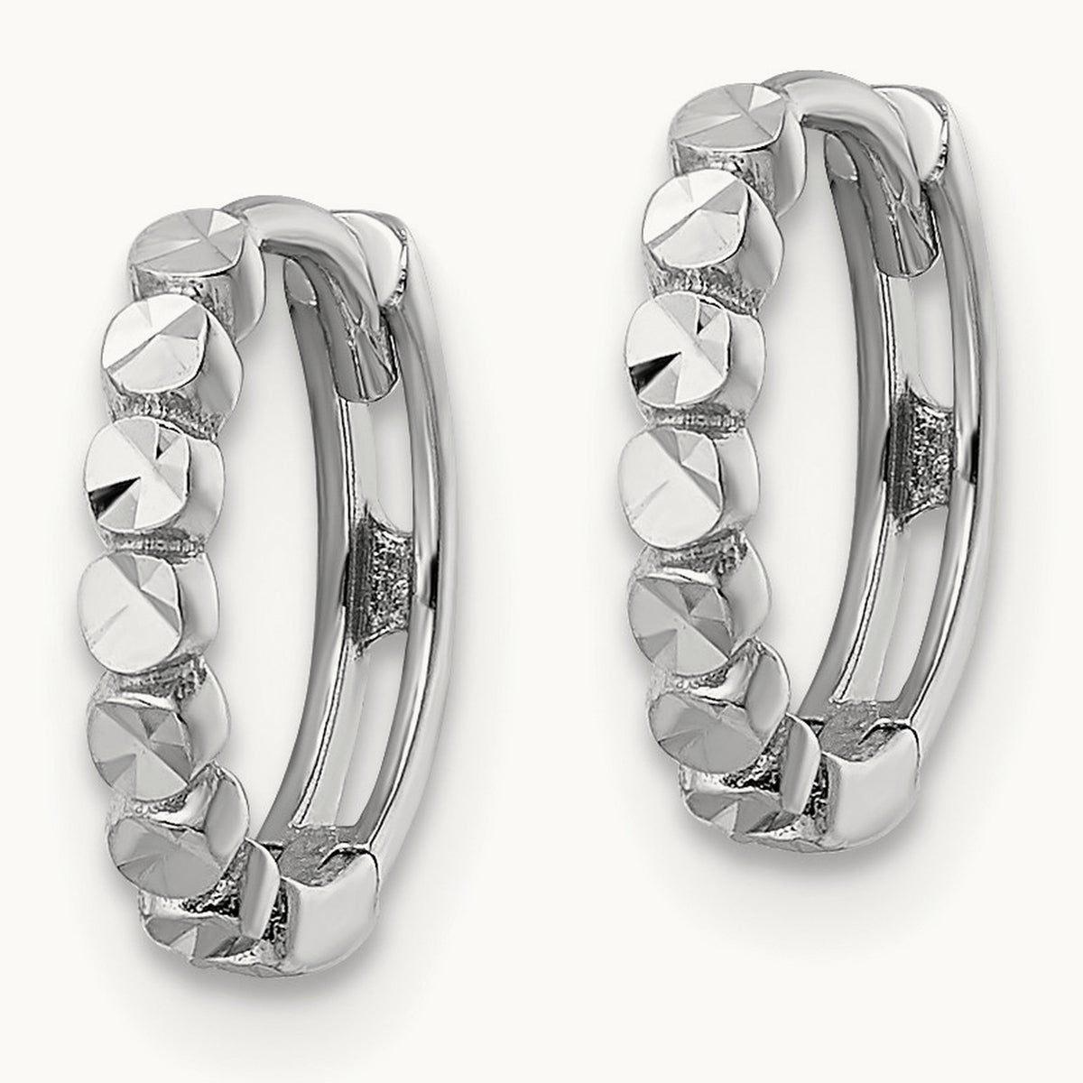 Diamond-cut Hinged Hoop Earrings — 14K White Gold, 2x12mm
