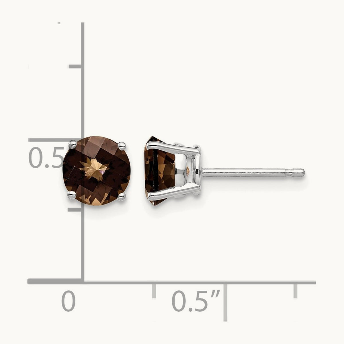 Round Checker-Cut Smoky Quartz Earrings, 6mm, 14K White Gold